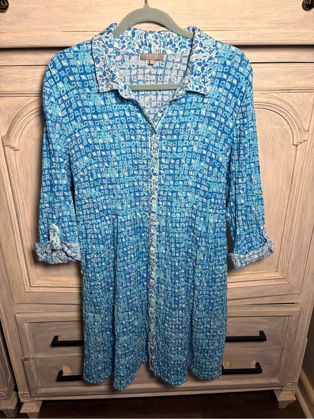 Habitat Lanai Crinkle Shirt Dress Cerulean Beachy Resort Preppy Everyday Pool - Picture 2 of 8